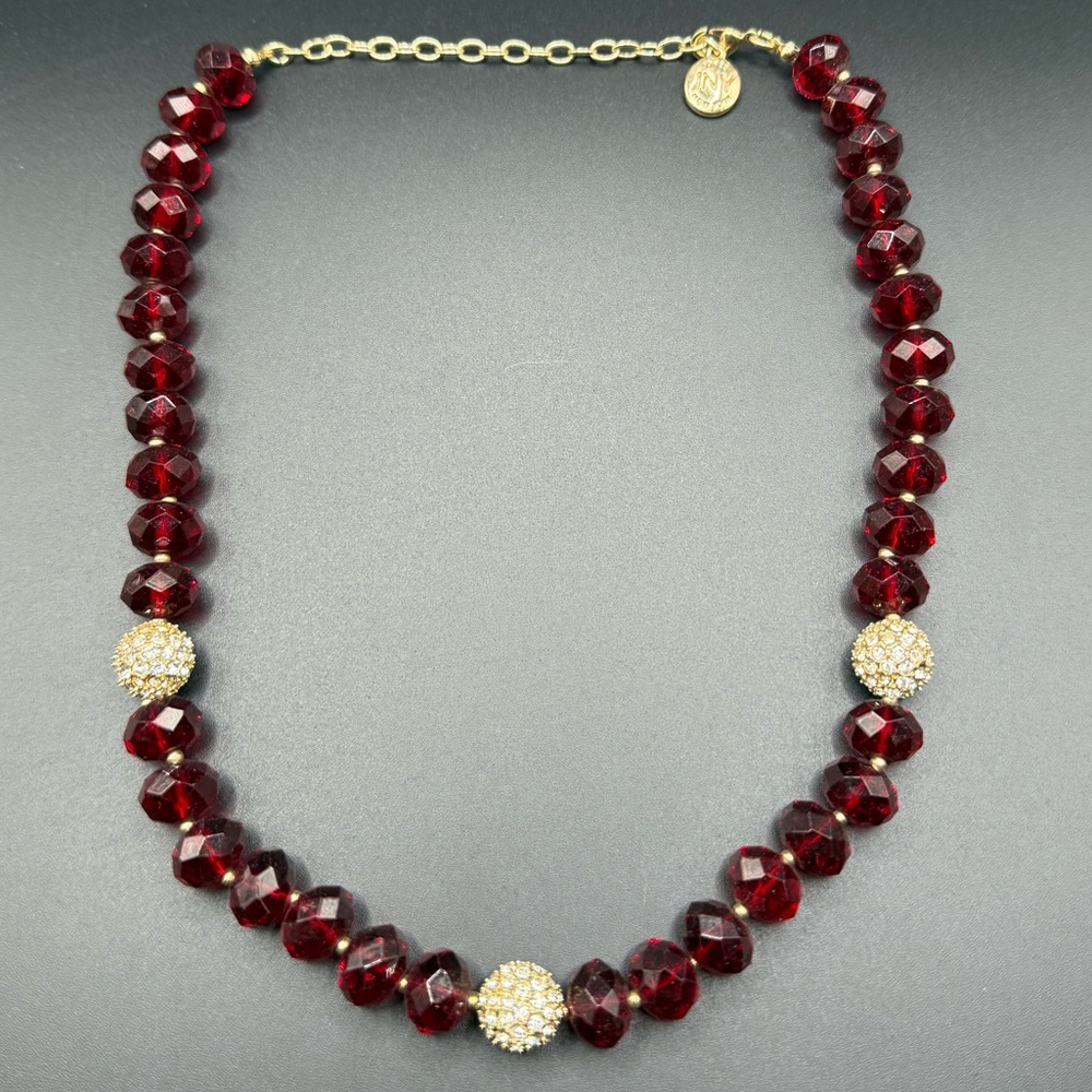 Jones New York Necklace Red Faceted Beads and Gold Tone Rhinestones